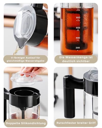 JanYoo Cold Brew Kaffeebereiter 1200ml, Cold Brew Coffee Maker mit Feinstfilter, Brühglas Karaffe mit Anti-Rutsch Henkel, Ausguss Karaffe für Eiskaffee, Eistee
