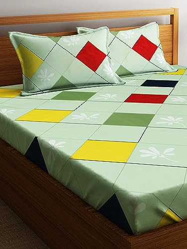 Image of Home Sizzler 210TC Colorful Geometry Red & Green Elastic Fitted Double Bedsheet with 2 King Size Pillow Covers, Fit for Mattress: 72 inchX75 inch & 72 inchX78 inch