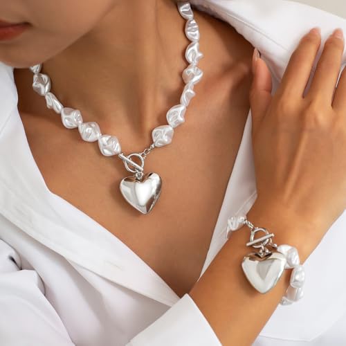 Gold Chunky Necklace for Women Trendy Baroque Pearl Statement Necklaces Big Heart Pendant OT Toggle Necklace Layered Silver Heart Chunky Jewelry2