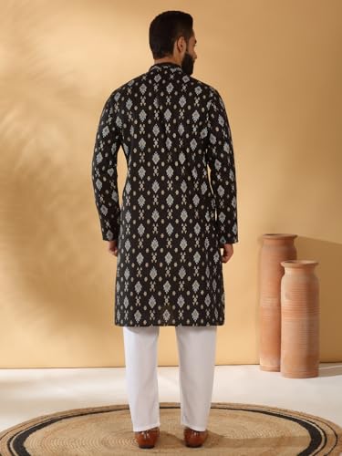 Image of KRAFT INDIA Men's Cotton Blend Geometric Printed Straight Long Regular Kurta and Elastic Waistband Pyjama Set