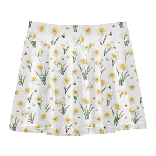 Vintage Daffodil Flowy Girls Athletic Skorts with Shorts Girl Pleated Skirt Little Girl SkortWith Pockets White