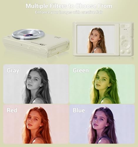 Image of Digital Camera,Upgraded FHD 4K Digital Camera for Teens Girls Boys,Compact Digital Cameras with 64GB Memory Card,2 Batteries,Small Camera with 16X Autofocus Digital Zoom for Vlogging,Cream