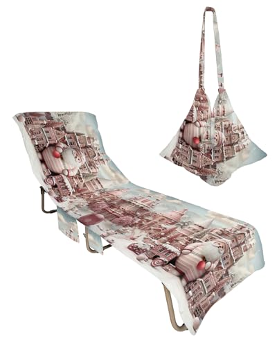 Christmas Beach Lounge Chair Towel Cover, Soft Chaise Lounge Towel with Side Pockets Patio Pool Chairs Cover for Beach/Pool Sunbathing 29x85 Pink Santa Xmas Castle Winter Snowflake