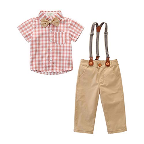 Baby Boys' Gentleman Clothes Set for 1-6T Little Kids Toddler Newborn Bowtie Plaid Shirt+Suspenders Pants 2Pcs Suit Outfits (Khaki, 2-3 Years Old)