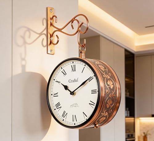 Image of CRAFTEL Double Sided Station Wall Clock Electroplated | Both Side Roman Numerals | Aluminum Matte-Finish Dial | Dial - 8 Inches, Rose Gold | 365 Days Warranty