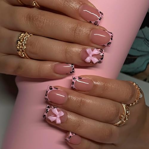 Short Press Leopard French Tip Nails with Pink Glossy Bow Design - Glue on Nails Full Cover Stick on Nails - 24Pcs