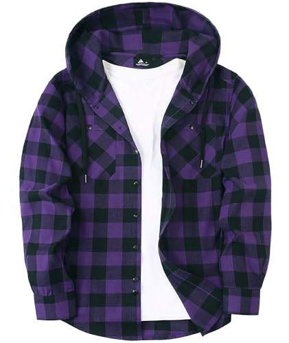 ZITY Men's Shirts Long Sleeve Checked Flannel Tops Casual Plaid Shirts Hoodie Button Down Lumberjack Shirt with Pocket M Purple