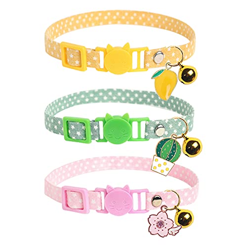 Breakaway Cat Collar with Bells - 3Pcs Pendants of Mango   Cactus   Flower - Adjustable for Cats Kitten, Yellow   Green   Pink