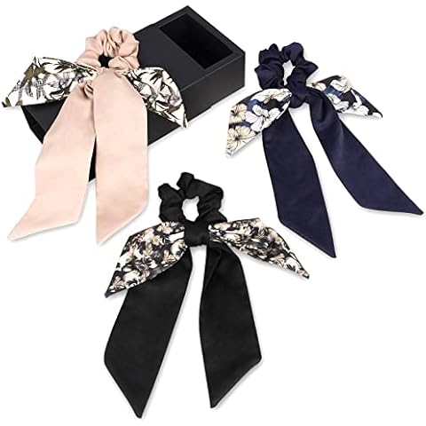3 Pcs Lolalet Bowknot Hair Scrunchies for Women Girls Christmas Gifts, Hair Ties with Bow and long Hair Scarf Soft Elastic Ponytail Holders Hair Scrunchies for Thick Hair Curly Hair Long Fine Hair Cover