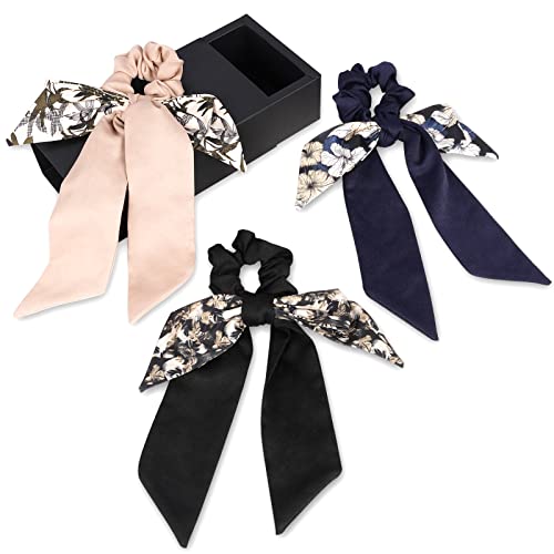 Lolalet Pack of 3 Hair Bobbles Hair Scarf Scrunchies Silk Bow Hair Tie Satin Botanical Print Elastic Hair Band with Silk Bow Hair Towel Hair Accessories for Women Girls