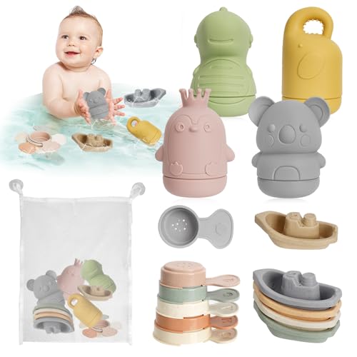 Jouets de Bain, 15 Pièces Jouet de Bain pour Bebe Jouets à Presser Sensoriels avec Bateaux Empilables et Cuillère, Jeux de Bain Bebe Jouet de Bain Bebe 1 2 3 Ans...