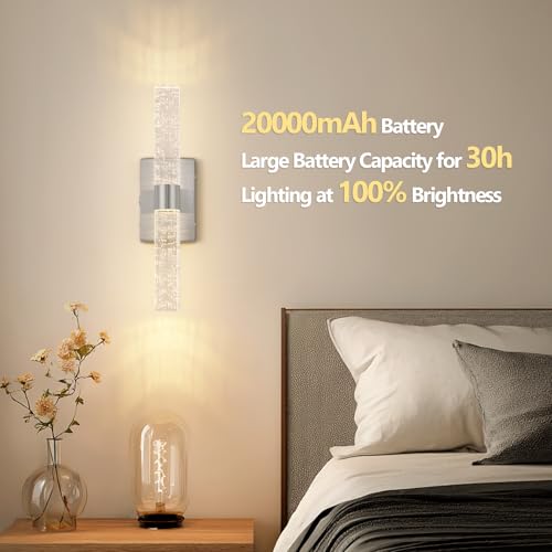 Image of Battery Operated Wall Sconces Set of 2, 20000mAh Rechargeable Wall Light | Remote Control 3000K-6000K Dimmable LED Wireless Sconces,Brushed Nickel,15.6 Inch