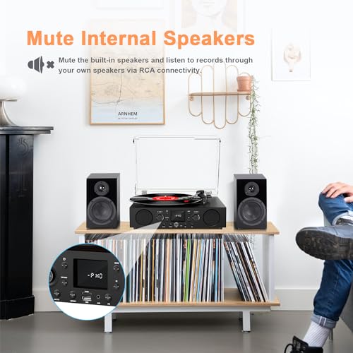 Vinyl Record Player Bluetooth with Speakers USB Recording FM Radio Mute Sound, 3 Speed Record Player with RCA Line-Out & AUX-in, Vintage Turntable Black - Thumbnail 2