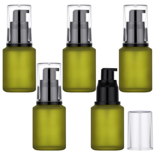 Image of Segbeauty 1oz Frosted Glass Empty Travel Size Containers for Creams, 5pcs Refillable Lotion Pump Bottle Dispenser, 30ml Small Liquid Travel Containers, Green Mini Lotion Container Pump Dispensers