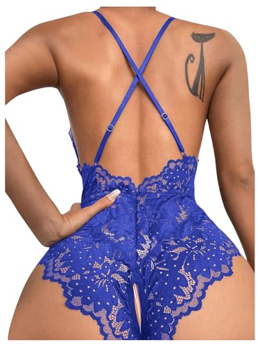 Image of SOLY HUX Women's One Piece Lingerie Sexy Lace Babydoll Deep V Teddy Criss Cross Backless Teddy Mini Bodysuit