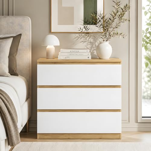 GOKHOMX Cómoda Blanco Roble 3 Cajones sin Tiradores, Cajonera Dormitorio 70 cm Ancho, Aparador Moderno y Mueble de Almacenaje para Pasillo y Recibidor, 40 cm Fondo, Mate