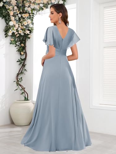 Tea Length Mother of The Bride Dresses with Sleeves Chiffon V Neck Wedding Guest Evening Gowns3