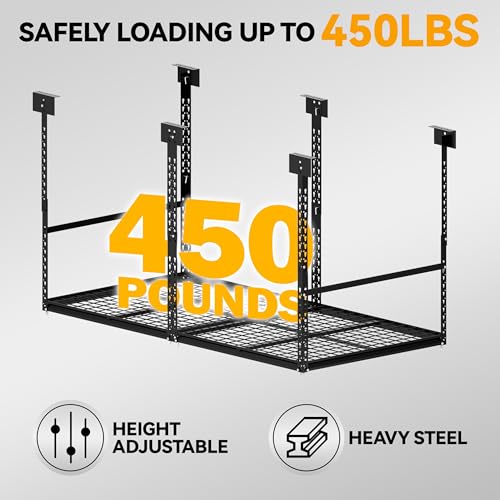 Image of 3x6 Ft Overhead Garage Storage Rack, 28-41 inch Height Adjustable Ceiling Mounted Organization Rack, 450 lbs Weight Capacity, 36 inchx72 inch Metal Rack for Garage Storage with Wire Decking
