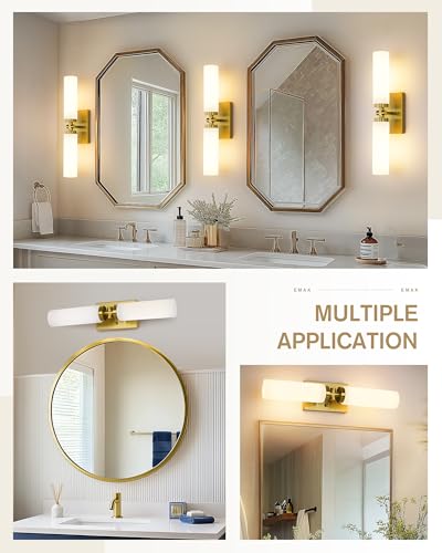 Image of Emak 21 Inch Brushed Gold Bathroom Light Fixtures, 2-Light Vanity Lights with Milk Glass Shade, Modern Wall Sconce for Bathroom, Mirror, VL086-BGD-ML-2