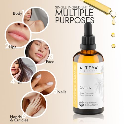 Alteya Organic Castor Oil 100ml - 100% USDA Certified Organic Pure Natural Cold Pressed Carrier Oil - Body, Hair, Lashes, Eyebrows - Nourish, Enhance Hair Growth - Premium Therapeutic Grade Treatment