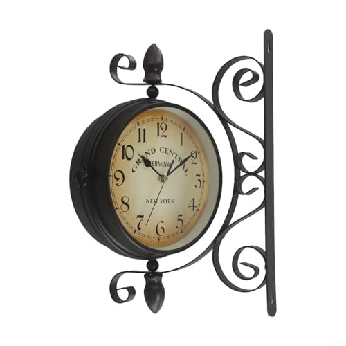 Reloj de pared de doble cara estilo estación de hierro redondo antiguo de 8 pulgadas reloj silencioso de cuarzo con números grandes para sala de estar, pasillo, porche, reloj de pared retro vintage