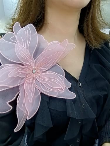 Image of Exaggerated Organza Fabric Flower Brooch Pin for Women Girls Fashion Dainty Layered Big Beaded Corsage Boutonniere Brooches Lapel Pins Delicate Wedding Birthday Holiday Dress Accessories Jewelry Gift