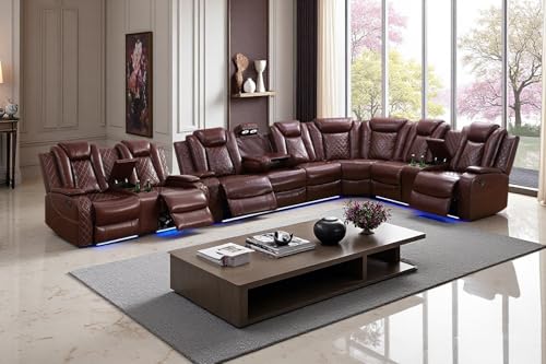 Image of Power Recliner Sectional Sofa Set with LED, Luxury Breathing Leather Sectional Reclining Corner Couch Set, L-Shaped Sofa Couch Set with Cup Holders /Storage for Living Room