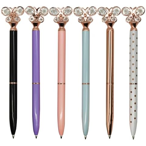 Lopenle 6 PCS Fashion Butterfly Pens Bling Diamond Ballpoint Pens Luxury Metal Twist Pens 1.0mm Black Ink Ballpoint Pens For School Office Home Party Christmas Birthday Cover