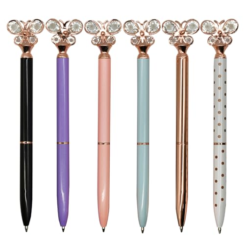 Lopenle 6 Pcs Fashion Metal Butterfly Ballpoint Pens 1.0mm Black Ink