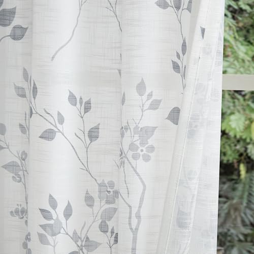 Image of Beauoop Linen Floral Semi Sheer Valance Curtains for Kitchen Grey 52x18x1