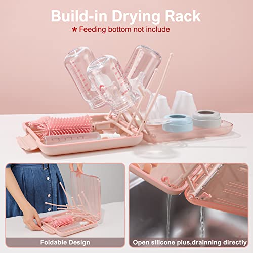 6 In 1 Baby Bottle Cleaner Set With Drying Rack,Silicone Baby Bottle Brush,Straw Brush,Nipple Brush,Soap Dispenser And Storage Box, Portable Baby Essentials For Home&Travel(Pink) #TOP3