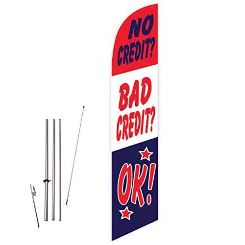 Cobb Promo No Credit? Bad Credit? OK! (Red/White/Blue) Feather Flag with Complete 15ft Pole kit and Ground Spike