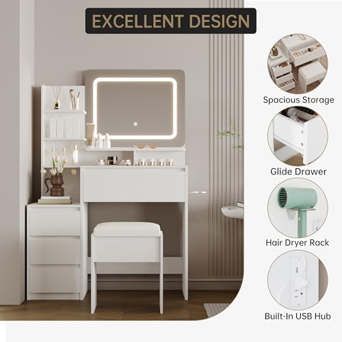 Makeup Vanity with Lights, 36-Inch Vanity Desk, 4 Large Drawers, 3 Lighting Modes, Stool & Charging Station, Modern Vanity Table for Bedroom, Women, White