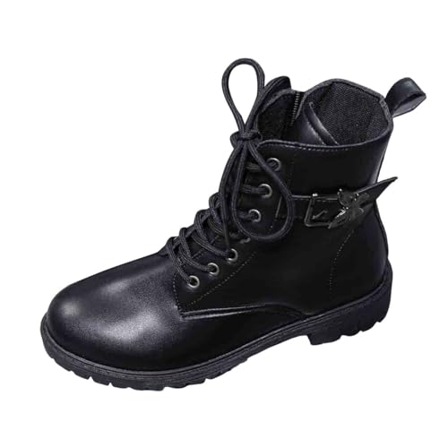 2025 Invierno Punta Redonda con Cremallera Lateral Cordones Negro Botas cortas de moda de talla grande con suela gruesa Botines Zapatos Mujer Original, Negro , 41 EU