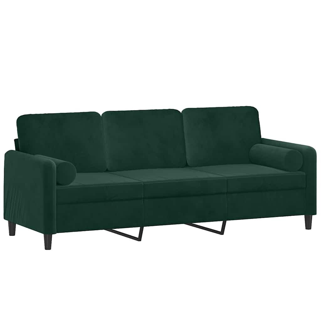 Divano 3 Posti Verde Scuro 180 cm Tessuto Velluto Struttura in Metallo con 2 Cuscini Decorativi Salotto Resistente