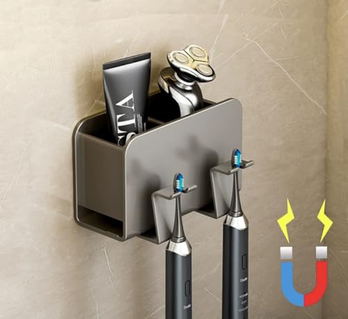 KAIXUANMAN マグネット 歯ブラシホルダー 電動歯ブラシスタンド マグネット 歯ブラシ立て 電動歯ブラシホルダー チューブスタンド ハミガキ 一括収納 多機能 バスルーム 浴室収納 2連 グレー