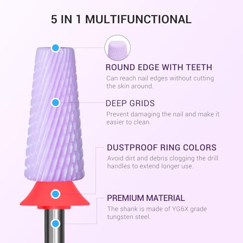 Image of MelodySusie 5 in 1 Nail Drill Bits, 3 /32'' Ceramic Cross Cut Bits, Suitable for Manicure Pedicure Cuticle Gel Polishing, Pink, Series Bit-M, Fine, Purple
