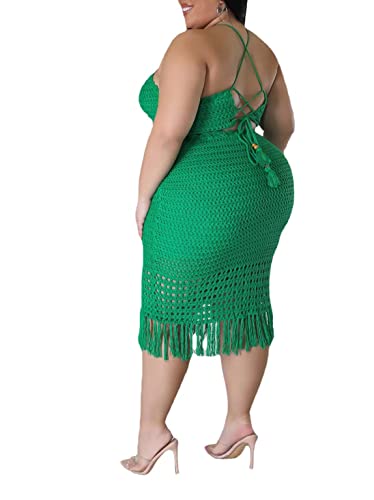 Image of Women Plus Two-Piece Skirt Set Tassel Fishing Net Knittin Hollow Out Off Shoulder Beach Dresses Swimsuit Cover Ups