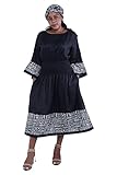 Women's Long African Trim Black Midi Dress & Crop Top Ankara Print, Smoked with Matching Head Wrap, Elastic Afrocentric Dress - One Size