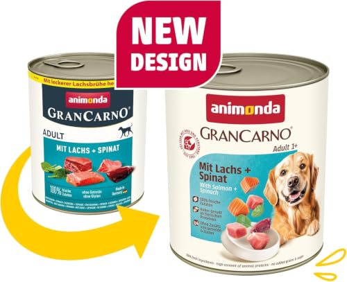 animonda GranCarno Hunde Nassfutter mit Lachs + Spinat (6 x 800 g), getreidefreies Hundenassfutter ohne Zucker, für ausgewachsene Hunde, mit frischen fleischigen Zutaten