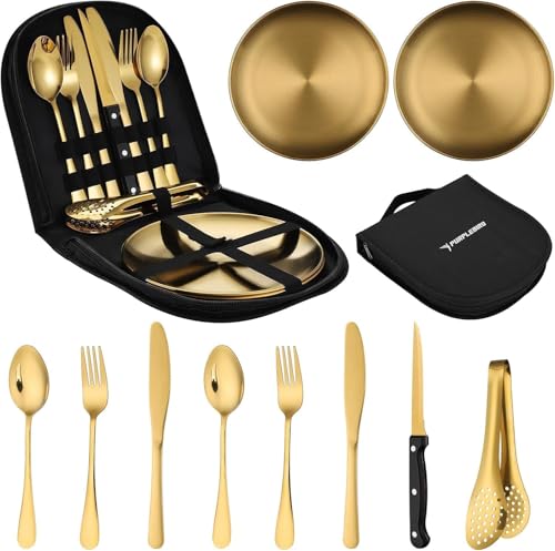 PURPLEBIRD Camping-Besteck Set Golden – 10-teiliges Geschirr Set für 2 Personen bei Picknick & Reisen Tragbares Edelstahl Geschirr Set Mit Etui Deal für Outdoor, Camping