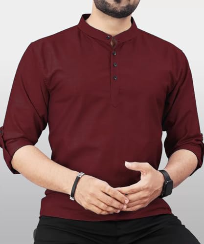 Image of DEEMOON Men's Regular Fit Solid Sprad Collar Casual Shirt with a Trendy Mandarin Collar Crafted from a Premium Cotton Blend