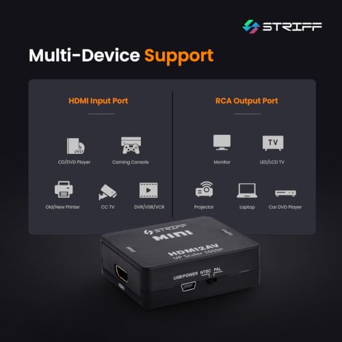 Image of STRIFF VideoBridge HDMI to RCA Converter Adapter, HDMI to AV CVBS Composite Video Audio Converter, PAL /NTSC Support, USB Powered, 1080P Compatible for TV, PC, Laptop, Fire TV Stick