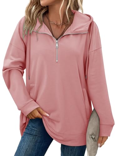onlypuff Women Hoodie Pullover Trendy Quarter Zipper Lapel Sweatshirts Drawstring Cute Hooded Tunic Tops with Side Pockets