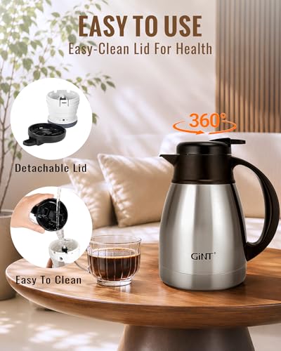Image of GiNT Insulated Coffee Carafe 34 Oz, Small Stainless Steel Flask for Hot Coffee with Fully Washable Detachable Lid, Portable Thermal Pitcher One-Hand Push Button Tea Dispenser for Travel Camping Office
