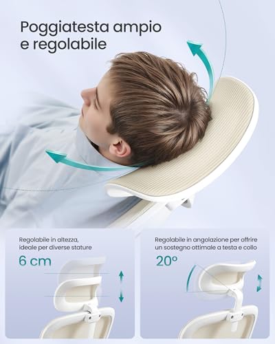 Sedia Ergonomica da Ufficio, Sedia Computer, Tessuto Rete a Doppio Strato, Braccioli Sollevabili, Supporto Lombare Adattabile, Poggiatesta Regolabile, per Studio, Beige Sabbia OBN041L01 - Sedia gaming - Immagine 6