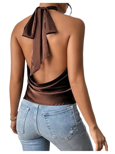 MakeMeChic Women's Halter Tops Satin Silk Backless Sleeveless Camisole Party Club Sexy Going Out Top
