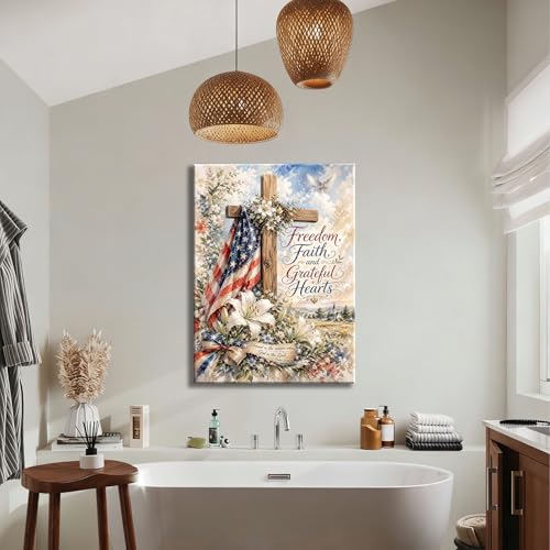 Image of RIBNTAK 4th of July Wall Art Canvas Prints Pictures Patriotic Christian Artwork American Flag Cross Decor Faith Freedom Religious Canvas Art for Living Room Bedroom Office Farmhouse Home Decorations
