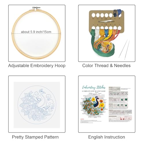 Image of Louise Maelys Peacock Flower Embroidery Kits for Beginners,Cross Stitch Kit for Adults,DIY Needlepoint Kits Including Embroidery Hoop,Instruction and Threads