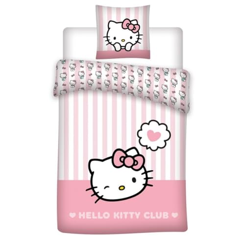 Aymax Hello Kitty Bettwäsche-Set Heart – Bettbezug 135x200 cm + Kissenbezug 80x80 cm – 100% Baumwolle